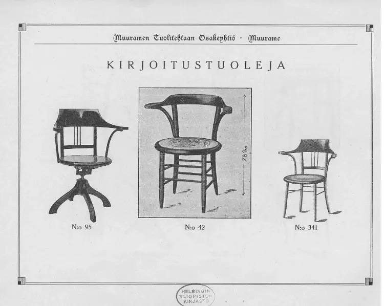 Страница каталога фабрики Muurame: письменные стулья, модель № 42 высотой 78 см